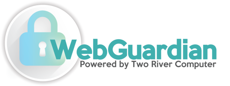 Logo of WebGuardian by Two River Computer featuring a security lock symbol with a blue to teal gradient and rounded edges.
